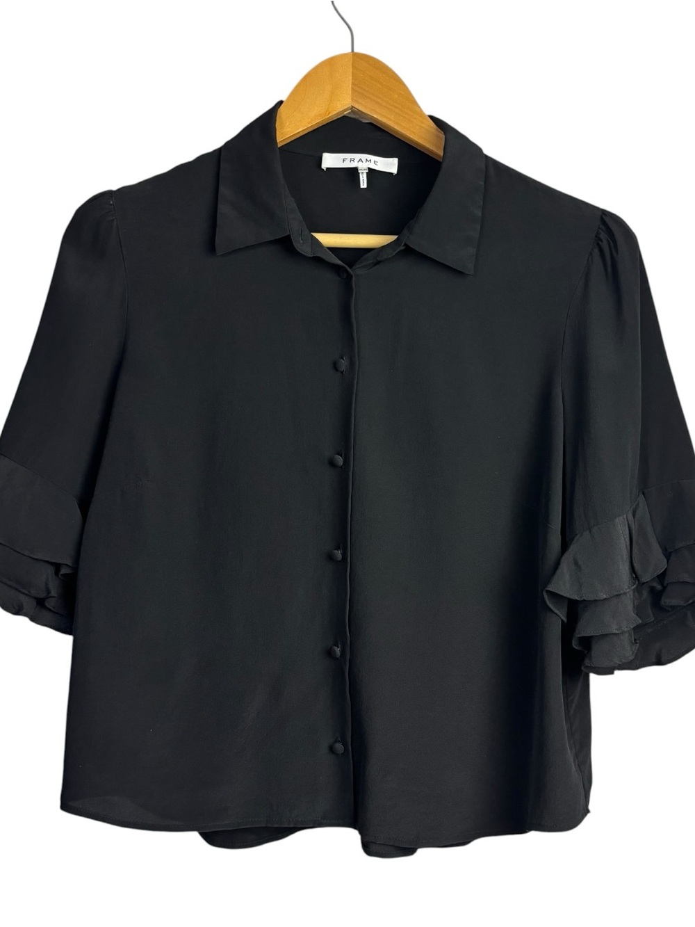 Frame Ruffled Flutter 1/2 Sleeve 100% Silk Button Down Blouse Black Size M